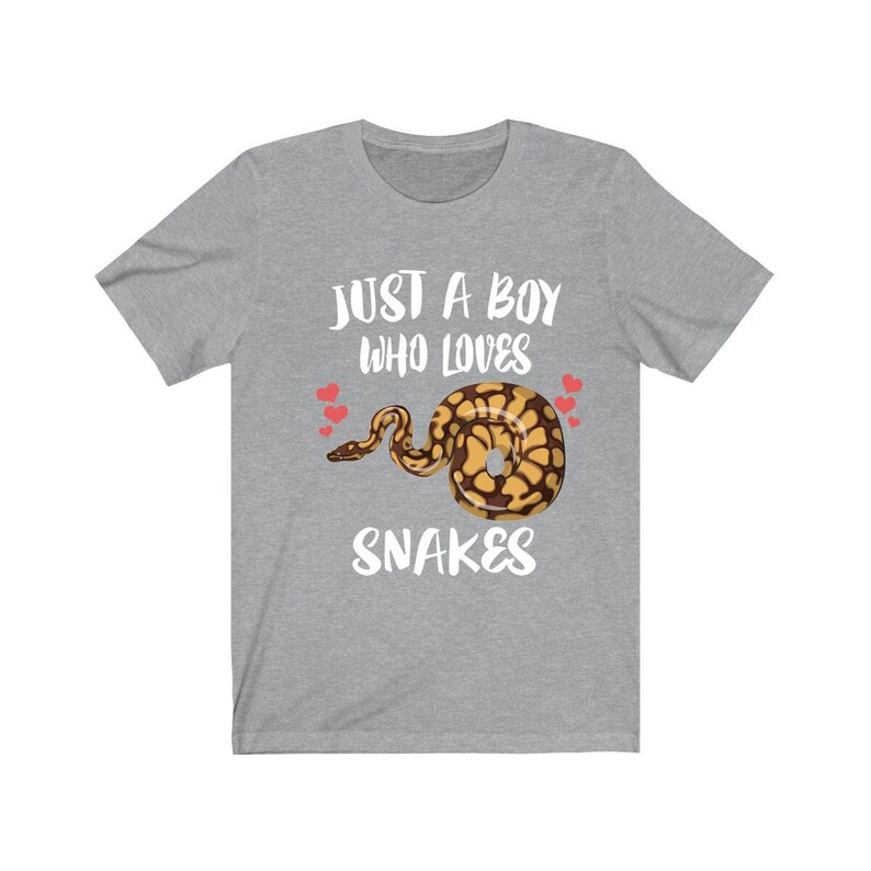 May include: Grey t-shirt with the text "Just a boy who loves snakes" and a cartoon snake with red hearts.