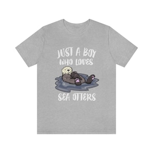 May include: A heather grey t-shirt with the text "Just a boy who loves sea otters" and a cartoon image of a sea otter holding a baby sea otter.