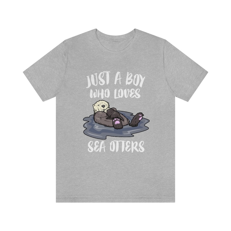 May include: A heather grey t-shirt with the text "Just a boy who loves sea otters" and a cartoon image of a sea otter holding a baby sea otter.
