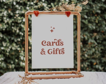 Retro, Bohemian, 70s editable cards and gifts sign. INSTANT DOWNLOAD. DIY burnt orange gift sign with stars.