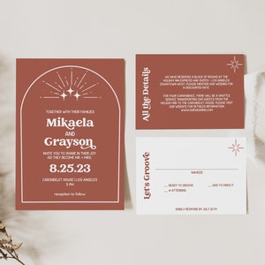 Retro, boho, arch 70s editable wedding invitation suite. INSTANT DOWNLOAD. Printable luxury, rust, invitation, typography image 4