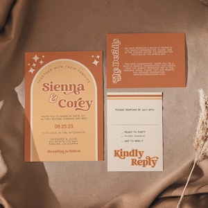 Retro, vintage stripe, 70s editable wedding invitation suite. INSTANT DOWNLOAD. Printable luxury, burnt orange, invitation, typography