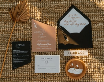 Suite de invitación de boda editable boho celestial con banda para el vientre y forro de sobre. Plantilla de descarga INSTANTÁNEA. DIY de lujo imprimible