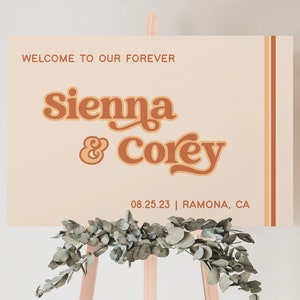 Retro, vintage stripe, 70s editable wedding welcome sign. INSTANT DOWNLOAD. DIY burnt orange 18x24, 24x36 sign, typography