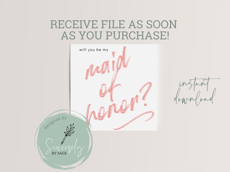 Maid of Honor Proposal Card, INSTANT DOWNLOAD, handwritten font, minimalist image 8