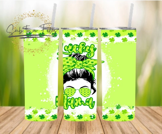 Digital Download One Lucky Mama Messy Bun Mom Life Tumbler 20oz Skinny Tumbler Wrap Sublimation Template PNG Patrick's Day Shamrock