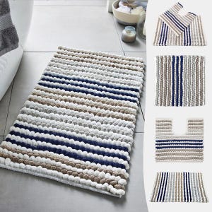 Navy Blue Bobble Bathroom Mats - Bath Mats, Toilet Pedestal Mat, and Square Bathmats - Blue Striped  Hand Woven Bath Rugs in Chunky Loop