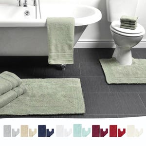 Cotton Bath Mat & Pedestal Mat 2pc Set Reversible Design - Matching Bath Mat + Toilet Mat - Heavyweight Coordinated Minimalist Bathroom Rug