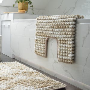 Marble Pedestal Mat for Sink or Toilet, Hand Woven Plush Bobble Toilet Mat with Cut-Out, Non Slip - Luxury Bathroom Rug, Neutral or Grey