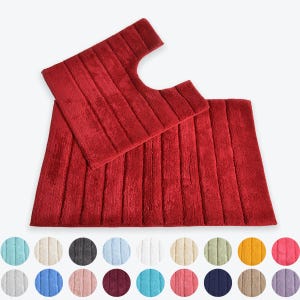 Ribbed Cotton Bath Mat and Pedestal Mat 2pc Set - Matching Bath Mats & Toilet Mats - Luxury Striped Co-ordinated Bathroom Rugs Minimalist