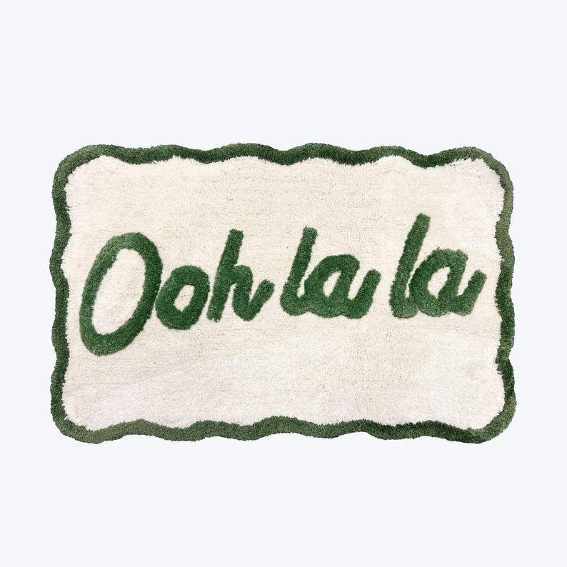 Ooh La La Slogan Bath Mat with Scalloped Edges - Fun, Cute Bathroom Rug in Pink/Red or Green/Cream - Super Soft Hand Tufted Scallop Bath Mat