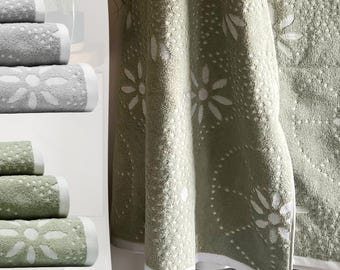 Floral Patterned Bathroom Towels in Sage Green and Grey - 100% Cotton Hand Towels, Bath Towels & Bath Sheets - Country Farmhouse Home Decor
