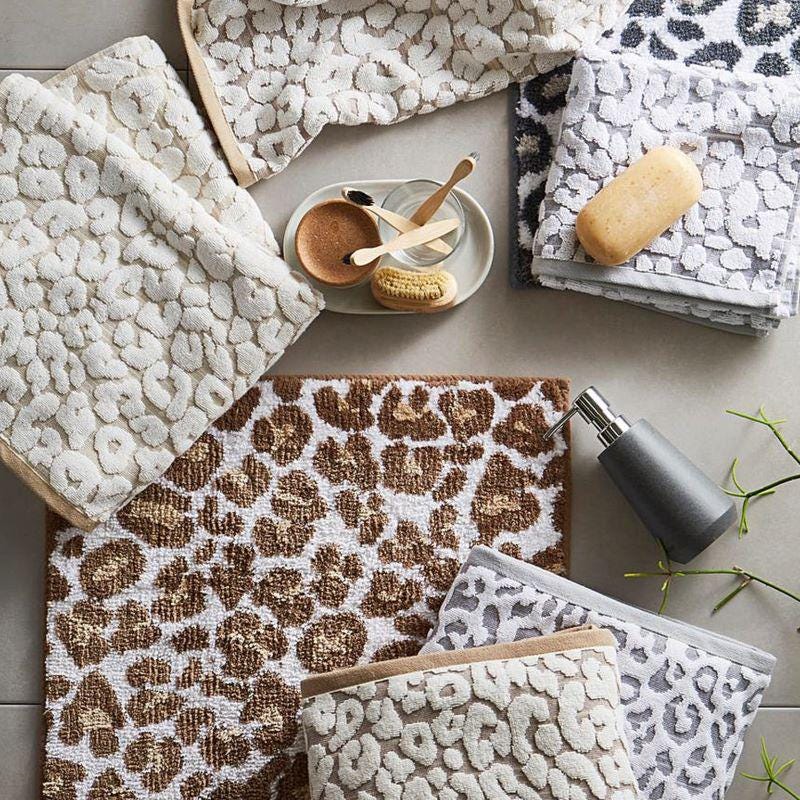 Leopard Print Towels, 100% Cotton Luxury Sculpted Pattern - Fun Animal Print Bathroom Accessory - Neutral, Grey Home Decor Boho Contemporary