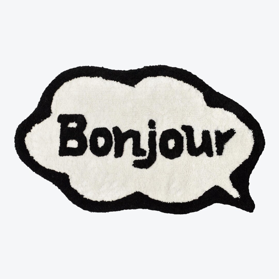 Bonjour Slogan Bath Mat in Fun Shape - Hand Tufted Cream & Black ...