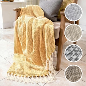 Audley Herringbone Throw with Fringe - Chevron Patterned Sofa Throw, Cotton Bedspread - Contemporary Farmhouse Decor Blanket, Cosy & Rustic