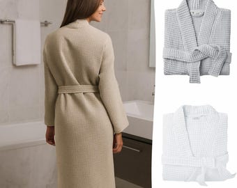 Waffle Bathrobe Lightweight Textured Unisex Spa Robe - Men and Women&#39;s Hotel Dressing Gown - Grey, Linen, White Bath Robe Gift for Self Care