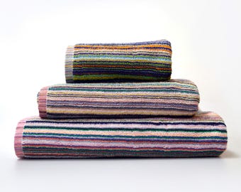 Recycled Cotton Towels - Made From Leftover Remnant Yarns - Soft and Sustainable Bathroom Towel Set, Colourful Pattern, Eco Friendly Home