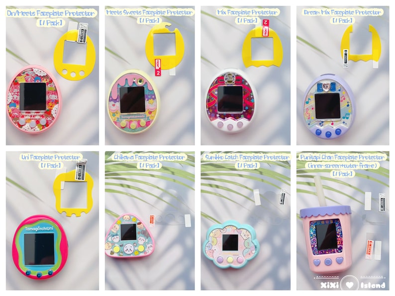 K&ouml;nnte beinhalten: Eine Sammlung von zehn bunten Tamagotchi-Bildschirmsch&uuml;tzern. Jeder Schutz hat ein anderes Design, darunter ein Einhorn, eine Katze, eine Wolke, ein Getr&auml;nk und Sushi. Die Schutzfolien sind aus klarem Kunststoff und sch&uuml;tzen den Bildschirm des Tamagotchi.
