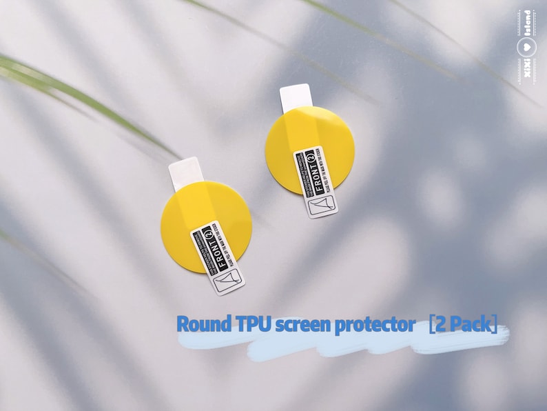 K&ouml;nnte beinhalten: Zwei runde TPU-Displayschutzfolien in Gelb mit wei&szlig;en Etiketten mit der Aufschrift "FRONT (2)" und "FRONT (1)".