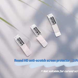 K&ouml;nnte beinhalten: Drei transparente runde Displayschutzfolien mit wei&szlig;en Etiketten, auf denen "FRONT (2" steht. Der Text "Round HD anti-scratch screen protector [3 Pack]" ist in Blau unter den Displayschutzfolien geschrieben. Der Text "* Not suitable for curved screen" ist in Blau unter dem Text &uuml;ber die Displayschutzfolien geschrieben.