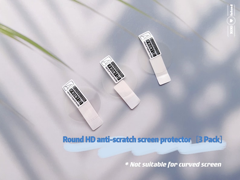 K&ouml;nnte beinhalten: Drei transparente runde Displayschutzfolien mit wei&szlig;en Etiketten, auf denen "FRONT (2" steht. Der Text "Round HD anti-scratch screen protector [3 Pack]" ist in Blau unter den Displayschutzfolien geschrieben. Der Text "* Not suitable for curved screen" ist in Blau unter dem Text &uuml;ber die Displayschutzfolien geschrieben.