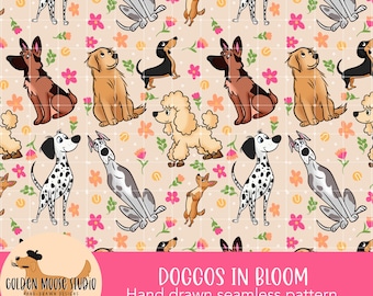 Doggies in Bloom Seamless Pattern, PNG Instant Download Digital Paper, Sublimation, Fabric, Cute Dogs  Flowers, Dog Lover Gift, Floral dog