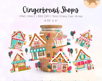 Gingerbread House Shops Glass Can Wrap, Libbey 16oz Cup Wrap, Sublimation, Christmas Cup Wrap, Digital Download, Libbey Glass Can, Holiday