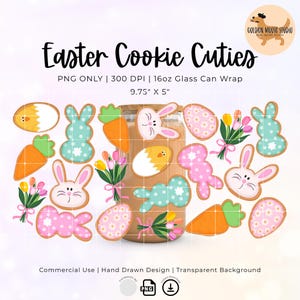 Op de afbeelding: Een verzameling paas-thema koekjes uitsteekvormen, met konijntjes, eieren, wortels en bloemen. De koekjes zijn in verschillende kleuren, zoals roze, blauw en oranje. De afbeelding bevat de tekst "Easter Cookie Cuties" en de afmetingen 24.77 cm x 12.7 cm.