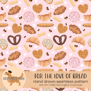 Prodotti da forno con motivo rosa senza cuciture, croissant, baguette, carta digitale scaricabile istantaneamente, sublimazione, tessuto, pane carino, ciambella, rotolo alla cannella