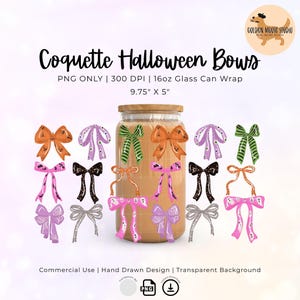 Coquette Halloween Bows Glass Can Wrap PNG, Libbey 16pz Cup Wrap,Sublimation, Halloween Bows Cup Wrap, Digital Download, Libbey Glass Can