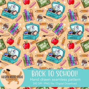 Back to School Seamless Pattern, Instant Download Digital Paper, Sublimation, Fabric, Cute Schools Supplies, School lunch, pencil, apple