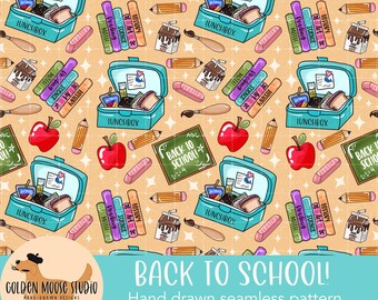 Back to School Seamless Pattern, Instant Download Digital Paper, Sublimation, Fabric, Cute Schools Supplies, School lunch, pencil, apple