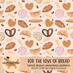 Modello senza cuciture di prodotti da forno, croissant, baguette, carta digitale PNG con download immediato, sublimazione, tessuto, pane carino, ciambella, rotolo alla cannella