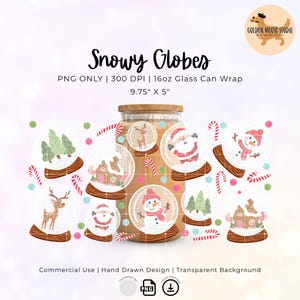 May include: A collection of Christmas-themed snowy globe designs. Each globe features a different winter scene, including a snowman, Santa Claus, a reindeer, and a gingerbread house. The text "Snowy Globes" is displayed above the designs. The dimensions are 9.75" x 5".