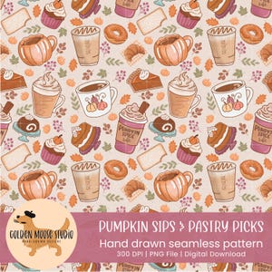 Fall Coffees and Sweet Treats Seamless Pattern, PNG Instant Download Digital Paper, Sublimation, Fabric, Pumpkin Spice Latte, Autumn Dessert