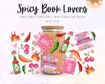 Spicy Book Lovers Glass Can Wrap PNG, 16 oz Libbey Cup Digital Download, Bookish Romance Tropes Cup Wrap, Transparent Background