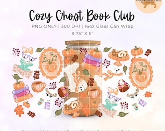 Cosy Ghost Book Club Glass Can Wrap PNG, Libbey 16pz bekeromslag, sublimatie, schattige Halloween Ghost-beker, sublimatie, herfstboekenliefhebber, herfstboekenliefhebber png