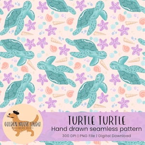 May include: A seamless pattern with teal sea turtles, purple starfish, and seashells on a pale pink backdrop. The design includes the text "TURTLE TURTLE Hand drawn seamless pattern". This digital download is 300 DPI and a PNG file.