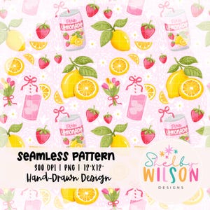 Patrón PNG sin costuras de limonada de fresa, papel digital de verano de limonada rosa, patrón de limón y fresa, patrón de lazos coquetos y lindos