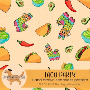 May include: A seamless pattern featuring colorful illustrations of tacos, pinatas, avocados, guacamole, and chili peppers on a light orange background. The text "TACO PARTY" is displayed in a banner at the bottom of the image.