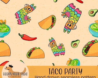 Taco Party Fiesta Seamless Pattern, PNG Instant Download Digital Paper, Sublimation, Fabric, Surface Design, Guac, Pinata, Cinco de Mayo