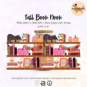 Può includere: Illustrazione digitale di un angolo lettura a tema autunnale. L'immagine presenta scaffali con libri, zucche e un gatto nero. Il testo "Fall Book Nook" è visualizzato, con dimensioni di 24.77 cm x 12.7 cm.