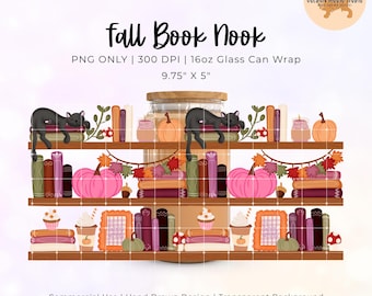 Fall Book Nook Glass Can Wrap PNG, 16 oz Libbey Cup Digital Download, Fall Bookshelf Cup, Autumn, Cute Cozy Fall, Fall bookshelf