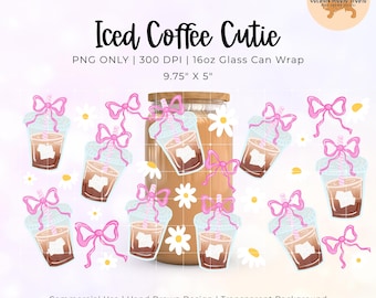 Envoltorio para lata de café helado Coquette PNG, Envoltorio para taza Libbey de 16 oz, Taza de primavera, Descarga digital, Estética de café linda, Margarita, Lazo