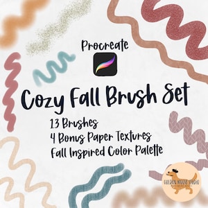 May include: A digital art graphic featuring the text "Cozy Fall Brush Set" with the Procreate logo. The set includes 13 brushes, 4 bonus paper textures, and a fall-inspired color palette. Decorative brush strokes in various colors surround the text.