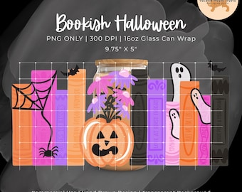 Bookish Halloween Glass Can Wrap PNG, Libbey 16pz Cup Wrap, Sublimation, Spooky Cute Bookshelf Cup Wrap, Pumpkin Ghost Reading Aesthetic