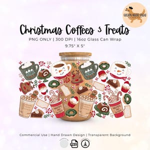 以下が含まれることがあります： クリスマスコーヒーとスイーツをテーマにした、16オンスガラス缶ラップのデジタルデザイン。お祝いのマグカップ、ドーナツ、ジンジャーブレッドマン、コーヒーカップに「Merry and Bright」の文字が入っています。サイズは24.77cm x 12.7cmです。