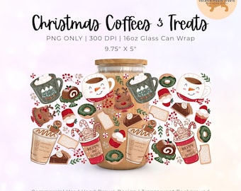 Kerstkoffie en -traktaties, glazen blikverpakking, PNG, Libbey 16pz bekerverpakking, sublimatie, gezellige kerst, digitale download, Libbey Glass Can