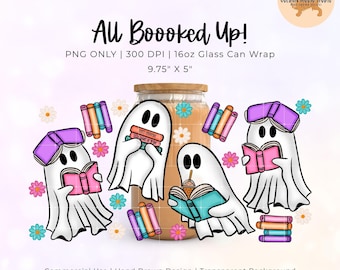 All Booked Up Ghost Glass Can Wrap, Libbey 16oz Cup Wrap, Sublimation, Bookish Ghost Cup Wrap, Digital Download, Libbey Glass Can, Cute Book