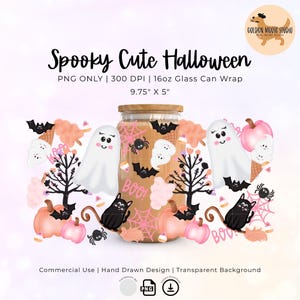 Spooky Cute Halloween Glass Can Wrap PNG, Libbey 16pz Cup Wrap, Sublimation, Halloween Cup Wrap, Digital Download, Libbey Glass Can, Pink